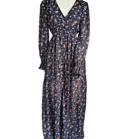 Tiny floral tiered MAXI  dress long sleeves ruffle cuff button up Shabby Aakaa S - Picture 1 of 12